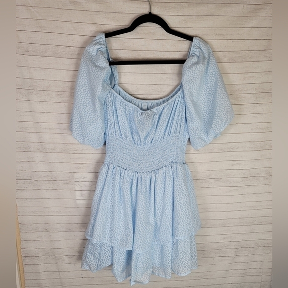 LULUS Tiers To Me Light Blue Puff Sleeve Tiered Skater Mini Dress, sz Large - Picture 8 of 15
